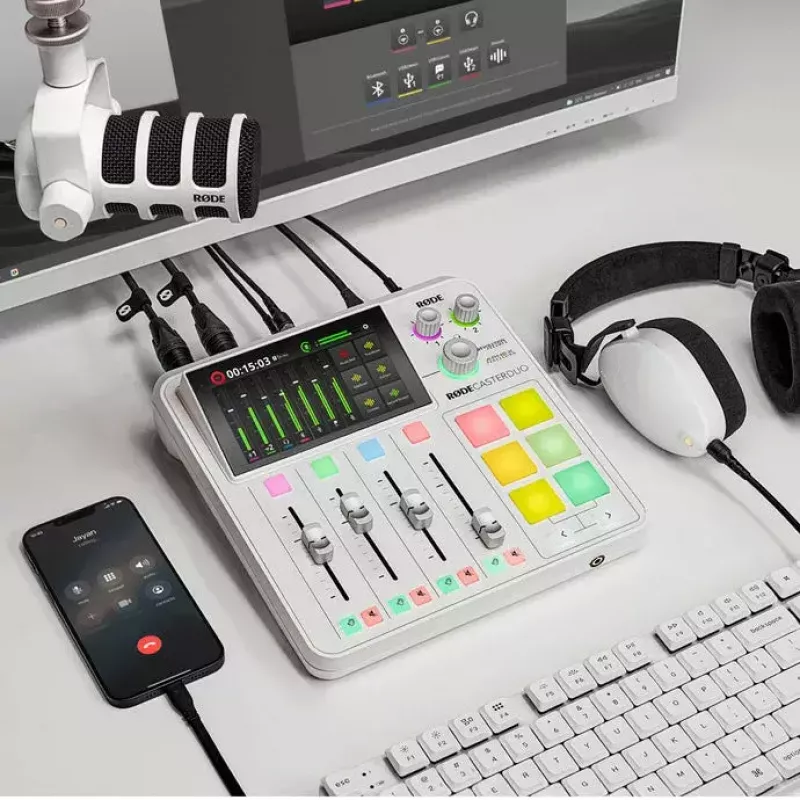 Audio interface Rode RodeCaster Duo valge — 2-kanaline USB podcastimise konsool mikseri ja eelvõimenditega