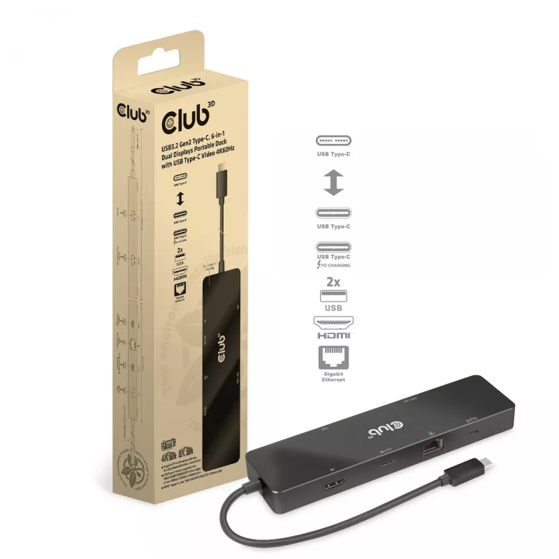 CLUB3D USB3.2 Gen2 USB-C, 6-in-1 kahe ekraaniga kaasaskantav dokk koos USB USB-C Video 4K60Hz