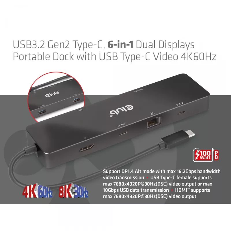 CLUB3D USB3.2 Gen2 USB-C, 6-in-1 kahe ekraaniga kaasaskantav dokk koos USB USB-C Video 4K60Hz