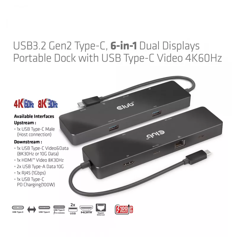 CLUB3D USB3.2 Gen2 USB-C, 6-in-1 kahe ekraaniga kaasaskantav dokk koos USB USB-C Video 4K60Hz