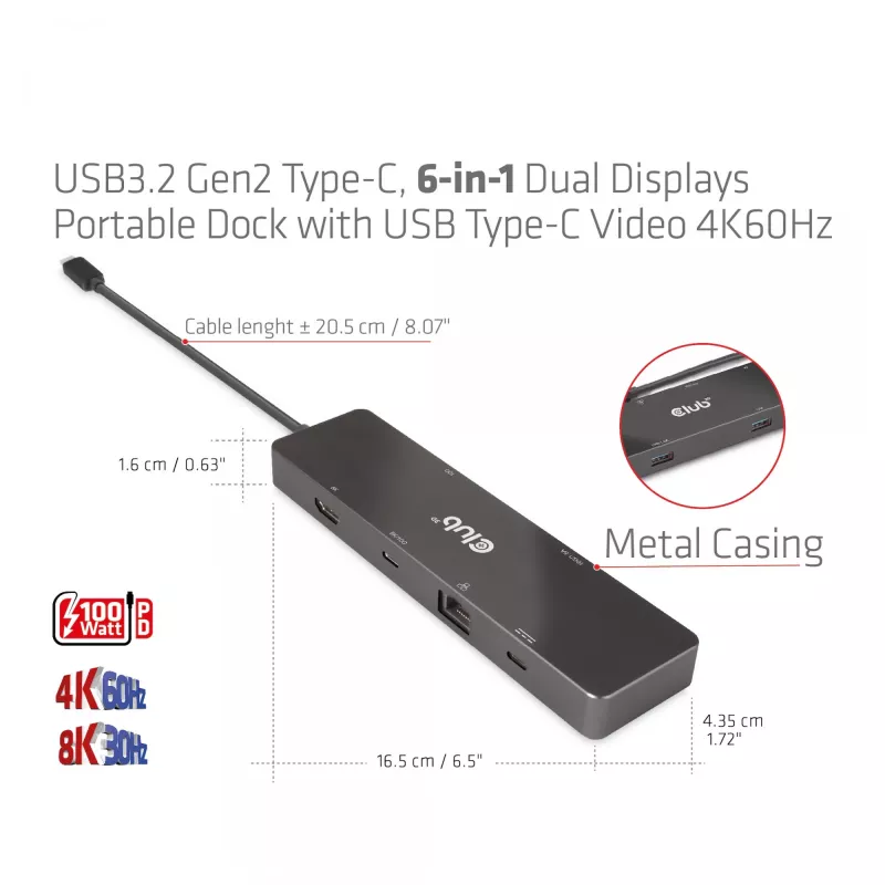 CLUB3D USB3.2 Gen2 USB-C, 6-in-1 kahe ekraaniga kaasaskantav dokk koos USB USB-C Video 4K60Hz