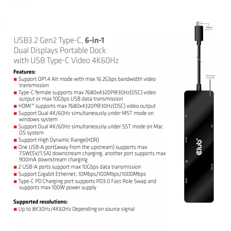 CLUB3D USB3.2 Gen2 USB-C, 6-in-1 kahe ekraaniga kaasaskantav dokk koos USB USB-C Video 4K60Hz