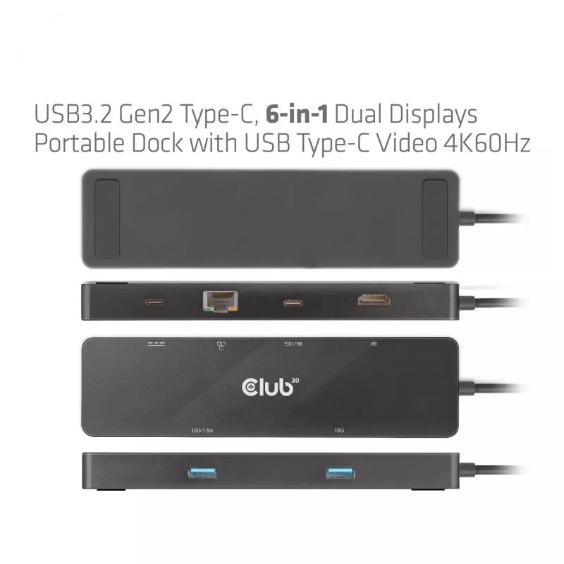 CLUB3D USB3.2 Gen2 USB-C, 6-in-1 kahe ekraaniga kaasaskantav dokk koos USB USB-C Video 4K60Hz