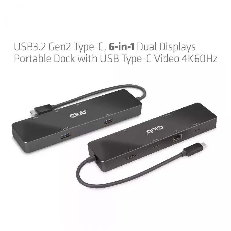 CLUB3D USB3.2 Gen2 USB-C, 6-in-1 kahe ekraaniga kaasaskantav dokk koos USB USB-C Video 4K60Hz