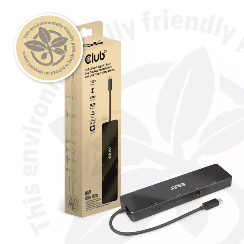 CLUB3D USB3.2 Gen2 USB-C, 6-in-1 kahe ekraaniga kaasaskantav dokk koos USB USB-C Video 4K60Hz