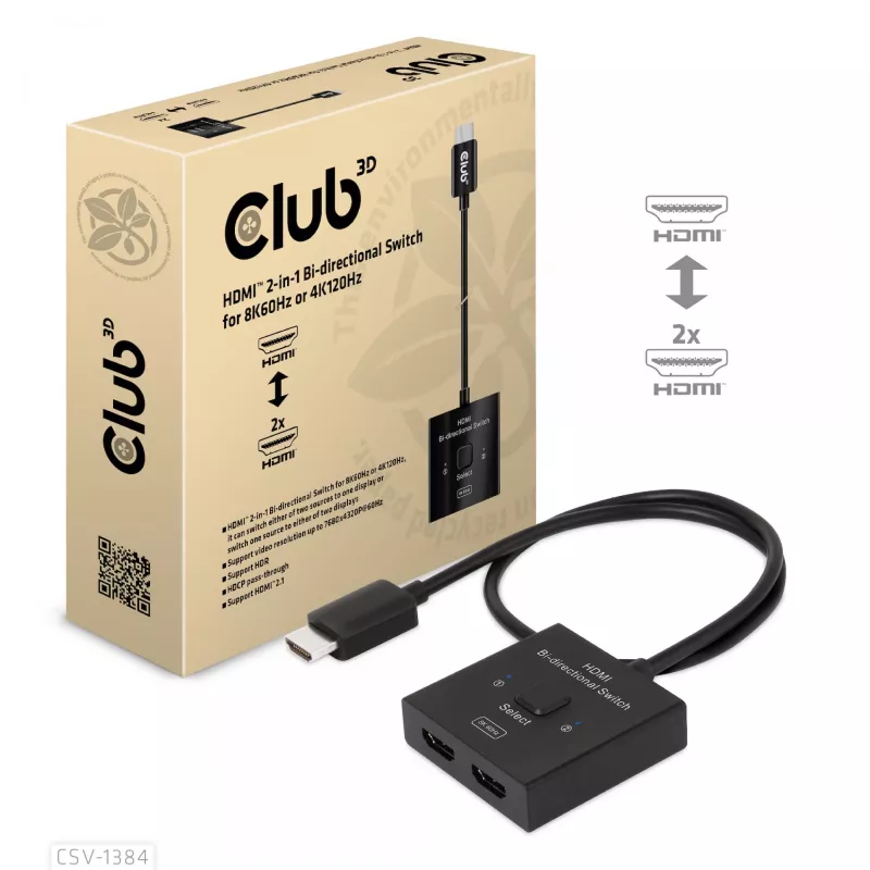 CLUB3D HDMI 2-in-1 kahesuunaline lüliti 8K60Hz 4K120Hz CSV-1384