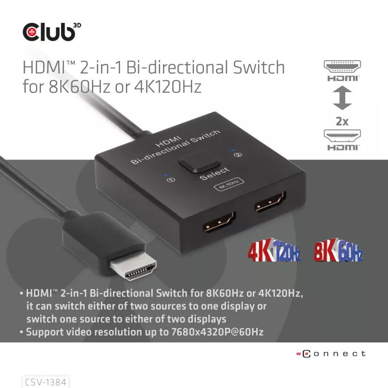 CLUB3D HDMI 2-in-1 kahesuunaline lüliti 8K60Hz 4K120Hz CSV-1384
