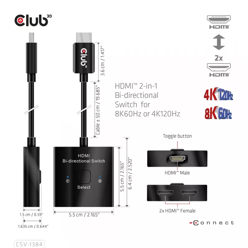 CLUB3D HDMI 2-in-1 kahesuunaline lüliti 8K60Hz 4K120Hz CSV-1384
