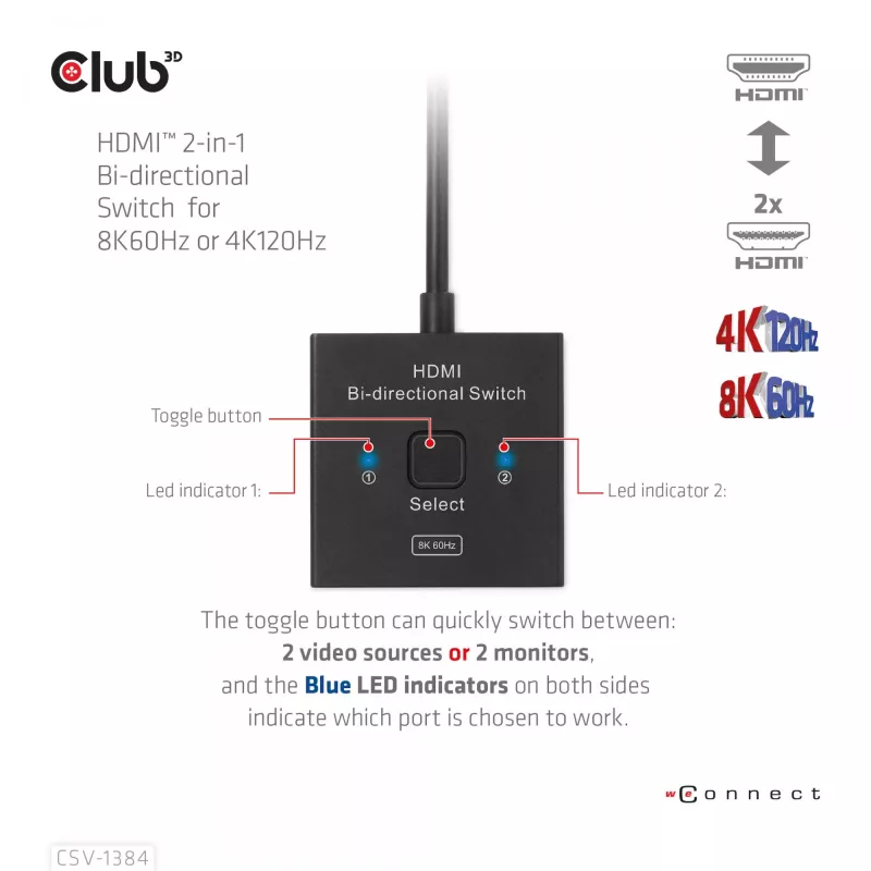 CLUB3D HDMI 2-in-1 kahesuunaline lüliti 8K60Hz 4K120Hz CSV-1384