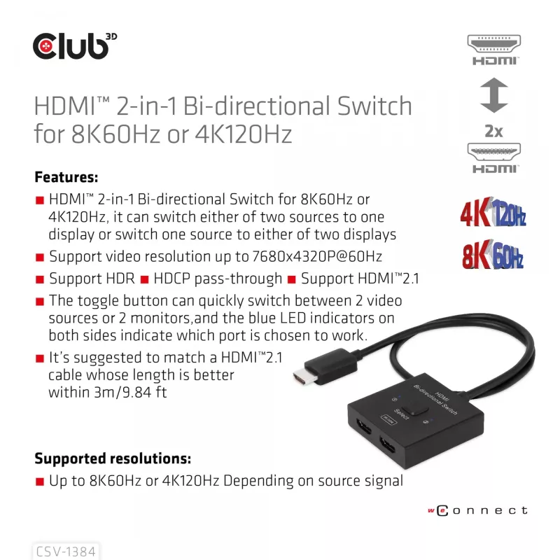 CLUB3D HDMI 2-in-1 kahesuunaline lüliti 8K60Hz 4K120Hz CSV-1384