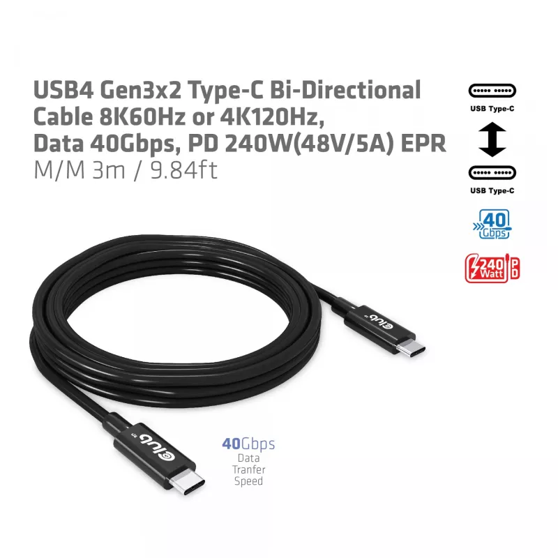 CLUB3D USB4 Gen3x2 USB-C kahesuunaline kaabel 8K60Hz või 4K120Hz, andmed 40Gbps, PD 240W(48V/5A) EPR M/M 3m / 9.84ft