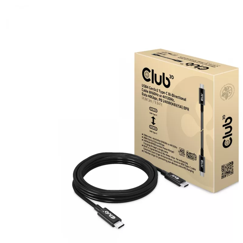 CLUB3D USB4 Gen3x2 USB-C kahesuunaline kaabel 8K60Hz või 4K120Hz, andmed 40Gbps, PD 240W(48V/5A) EPR M/M 3m / 9.84ft