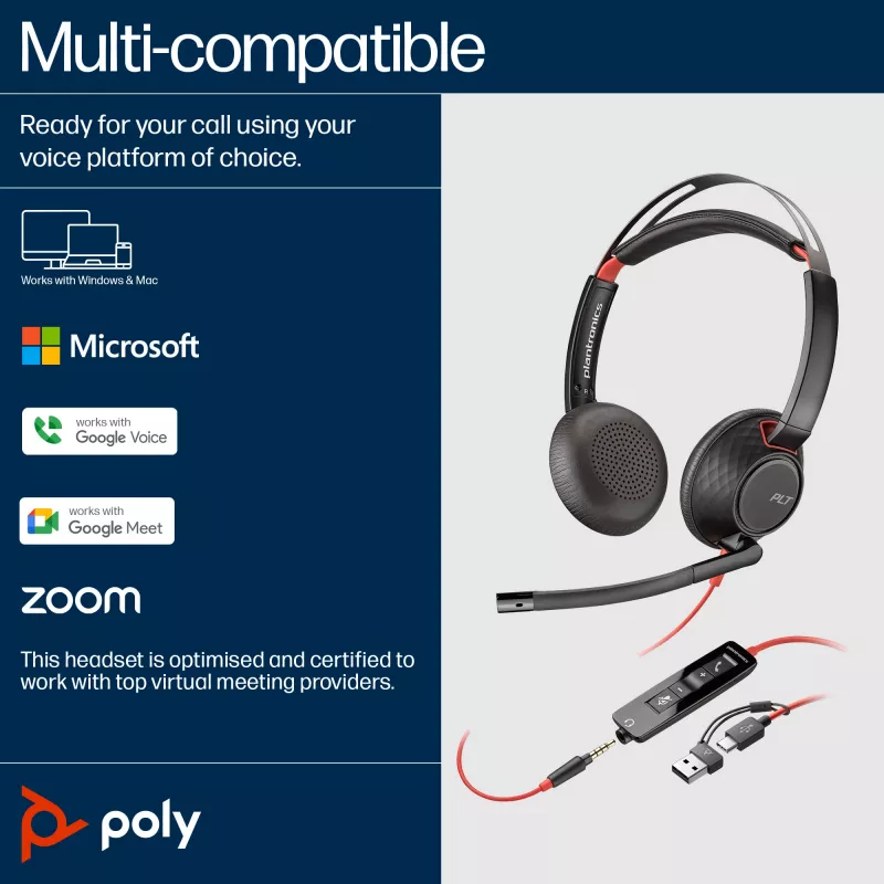 HP Poly Blackwire 5220 Stereo USB-C kõrvaklapid + 3,5 mm pistik + USB-C/A adapter