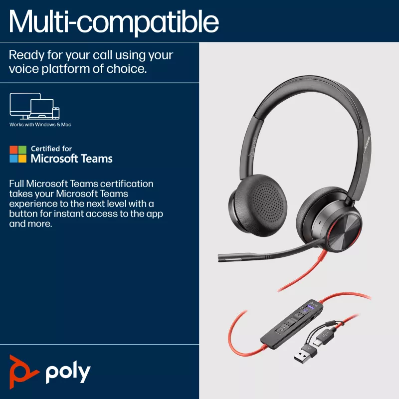HP Poly Mustwire 8225 Stereo Microsoft Teams sertifitseeritud USB-C peakomplekt + USB-C/A adapter