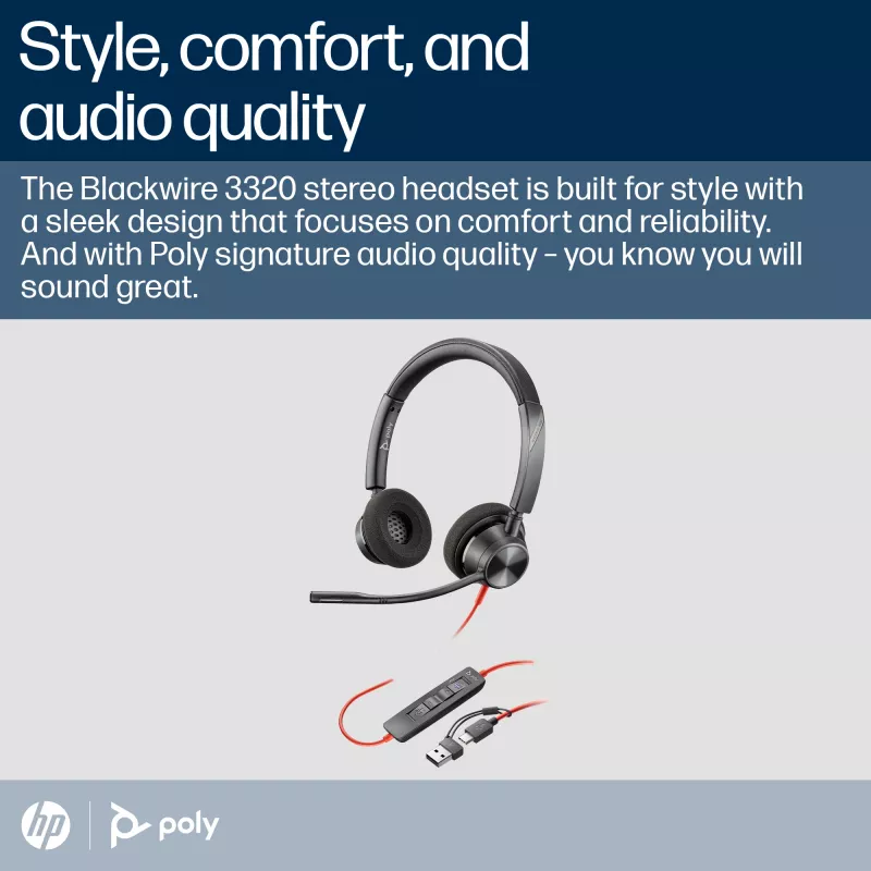 HP Poly Mustwire 3320 Stereo Microsoft Teams Certified USB-C Headset +USB-C/A Adapter