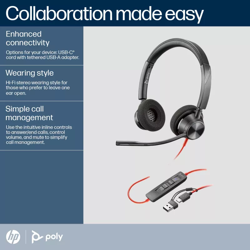 HP Poly Mustwire 3320 Stereo Microsoft Teams Certified USB-C Headset +USB-C/A Adapter