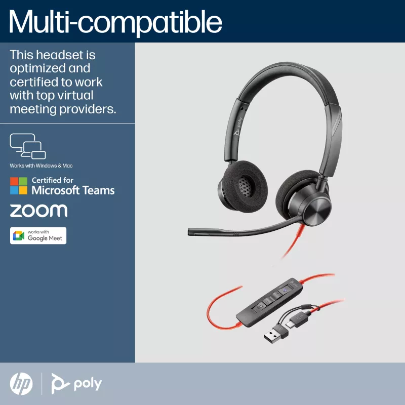 HP Poly Mustwire 3320 Stereo Microsoft Teams Certified USB-C Headset +USB-C/A Adapter