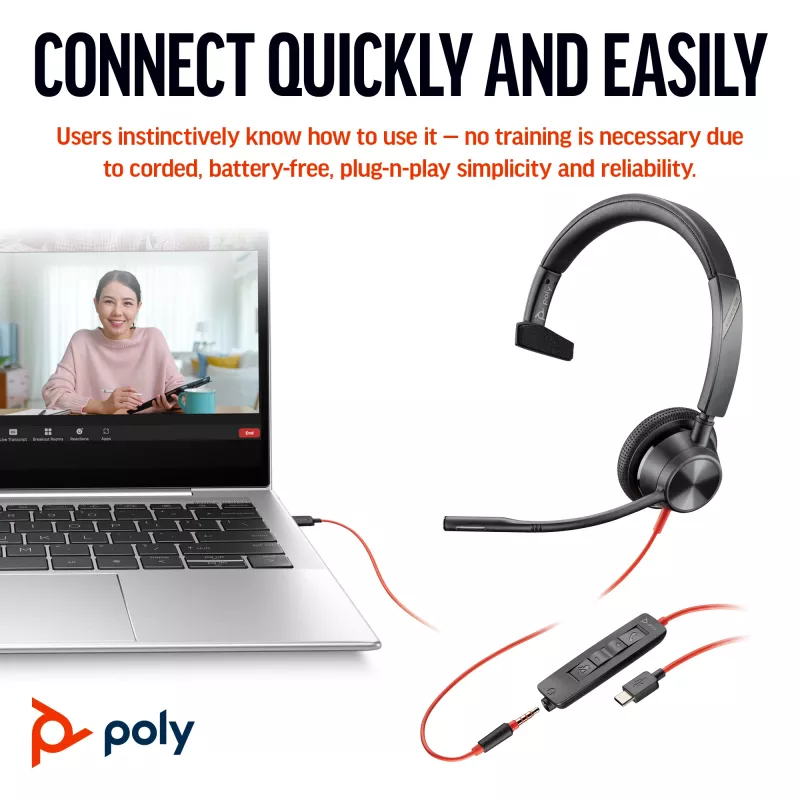 HP Poly Mustwire 3315 monokõrvaklapid USB-C +3,5 mm pistik + USB-C/A adapter