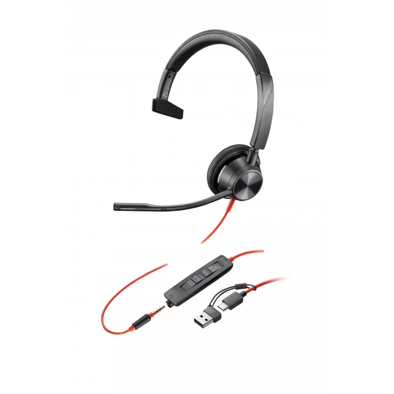 HP Poly Mustwire 3315 monokõrvaklapid USB-C +3,5 mm pistik + USB-C/A adapter