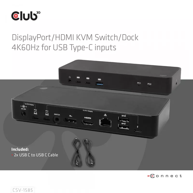 CLUB3D DisplayPort/HDMI KVM Switch/Dock 4K60Hz For USB USB-C inputs