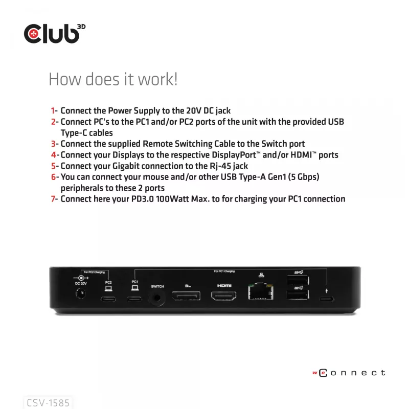 CLUB3D DisplayPort/HDMI KVM Switch/Dock 4K60Hz For USB USB-C inputs