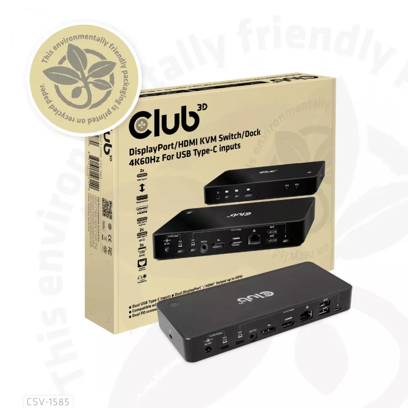 CLUB3D DisplayPort/HDMI KVM Switch/Dock 4K60Hz For USB USB-C inputs