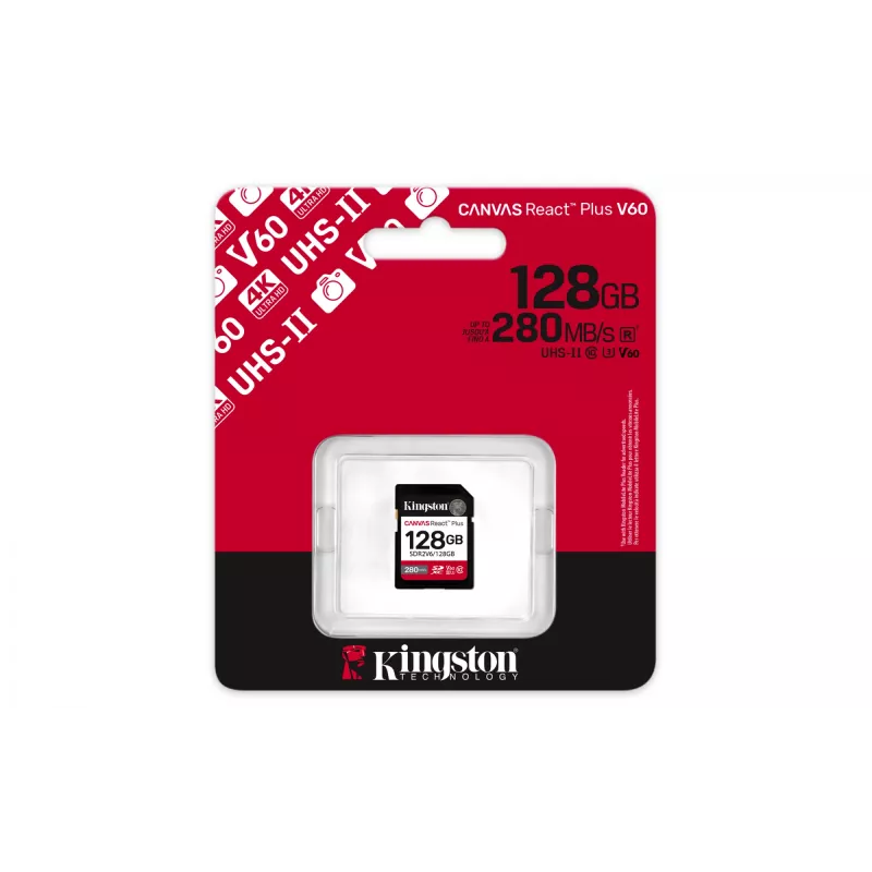 Kingston Technology 128GB Canvas React Plus SDXC UHS-II 280R/100W U3 V60 Full HD/4K jaoks