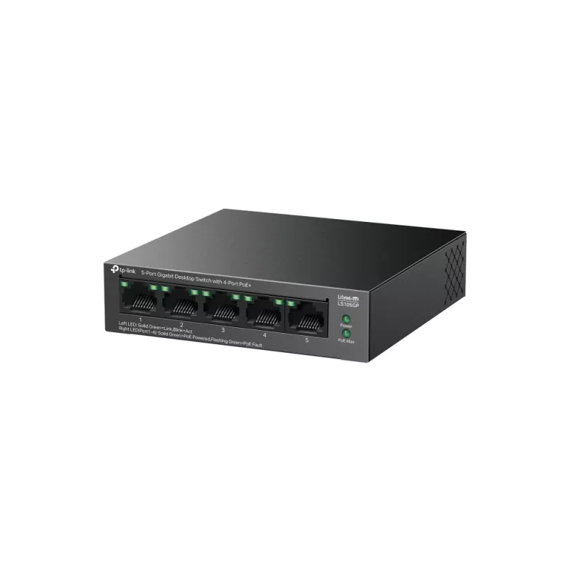 TP-LINK LiteWave 5-pordiline Gigabit lauakommutaator 4-pordilise PoE+-ga (5x Gigabit, 4 PoE+, 65 W PoE eelarve)