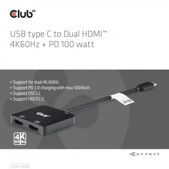 CLUB3D USB-C® jaotur kahele HDMI™ 4K60Hz M/F+PD3.0 100 W