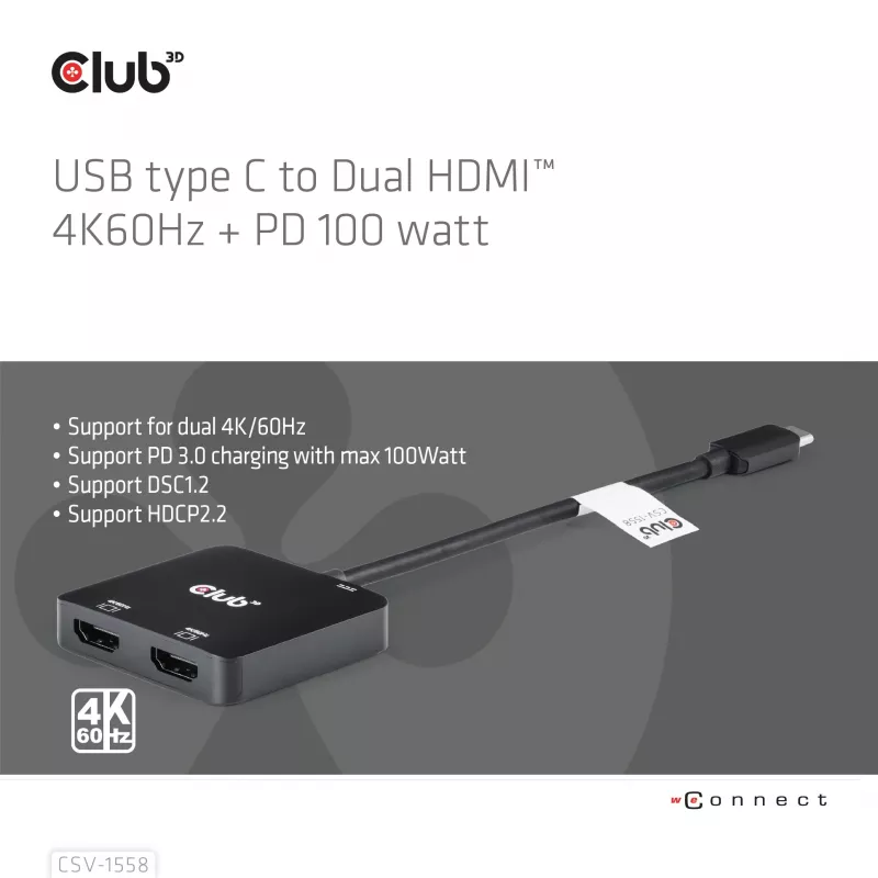 CLUB3D USB-C® jaotur kahele HDMI™ 4K60Hz M/F+PD3.0 100 W