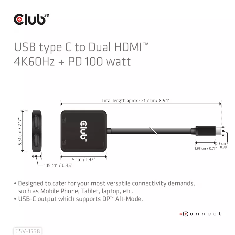 CLUB3D USB-C® jaotur kahele HDMI™ 4K60Hz M/F+PD3.0 100 W