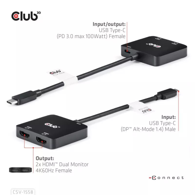 CLUB3D USB-C® jaotur kahele HDMI™ 4K60Hz M/F+PD3.0 100 W