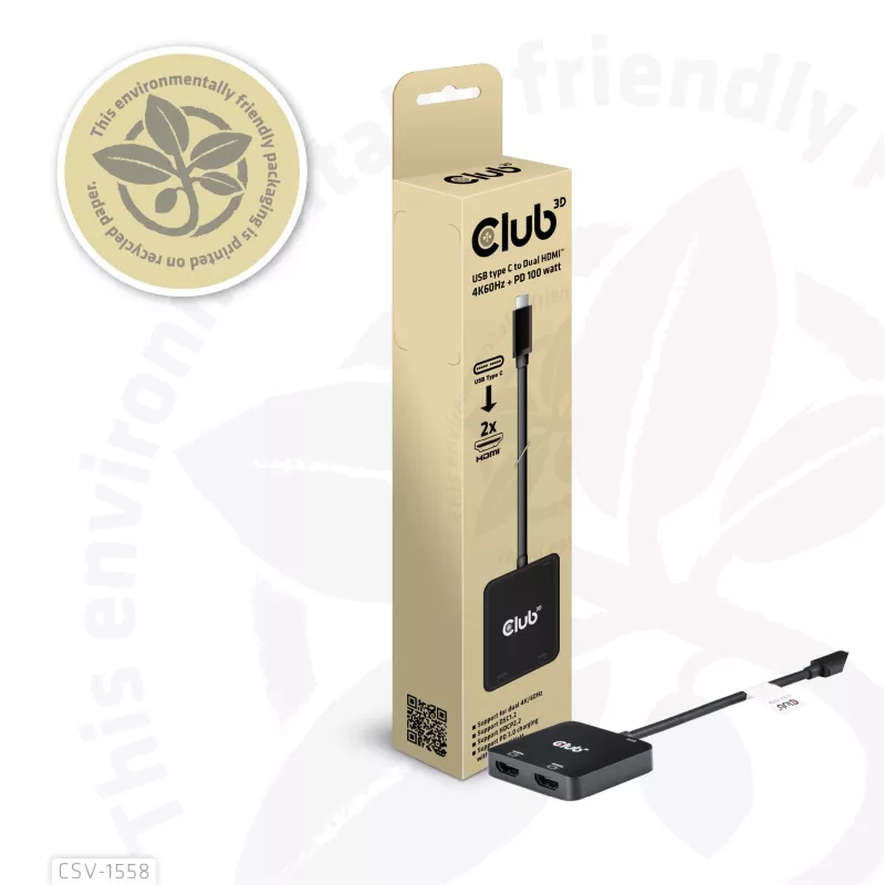 CLUB3D USB-C® jaotur kahele HDMI™ 4K60Hz M/F+PD3.0 100 W