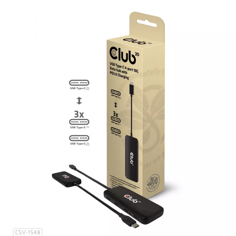CLUB3D USB USB-C 4-pordiline 10G andmejaotur PD3.0 laadimisega, juhtmega, USB 3.2 Gen 1 (3.1 Gen 1) USB-C, 100 W, must, 10 Gbit/s, USB