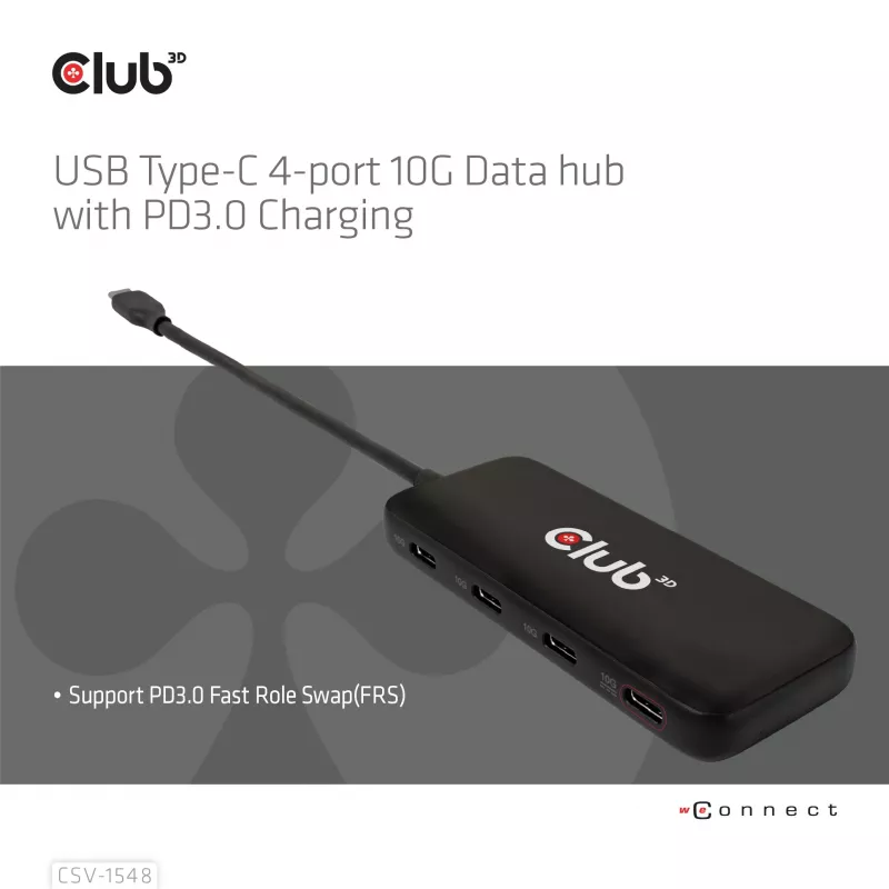 CLUB3D USB USB-C 4-pordiline 10G andmejaotur PD3.0 laadimisega, juhtmega, USB 3.2 Gen 1 (3.1 Gen 1) USB-C, 100 W, must, 10 Gbit/s, USB