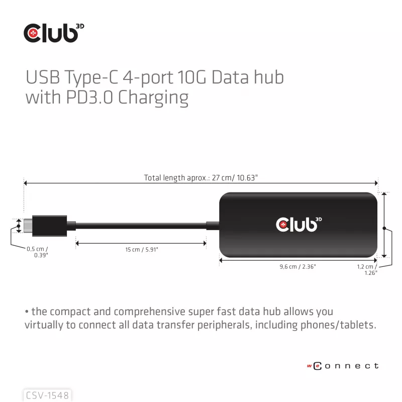 CLUB3D USB USB-C 4-pordiline 10G andmejaotur PD3.0 laadimisega, juhtmega, USB 3.2 Gen 1 (3.1 Gen 1) USB-C, 100 W, must, 10 Gbit/s, USB