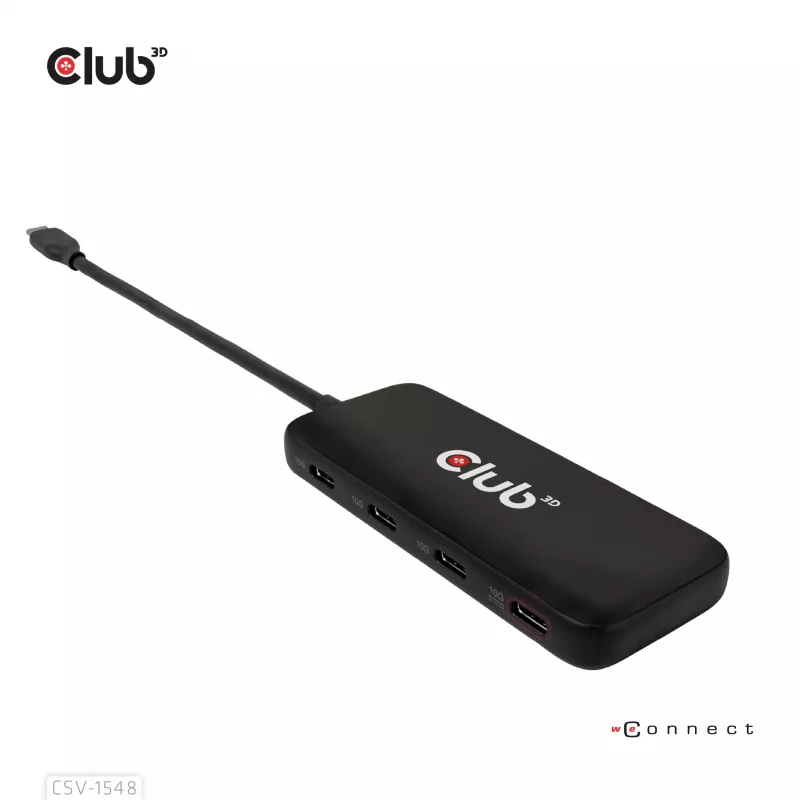 CLUB3D USB USB-C 4-pordiline 10G andmejaotur PD3.0 laadimisega, juhtmega, USB 3.2 Gen 1 (3.1 Gen 1) USB-C, 100 W, must, 10 Gbit/s, USB