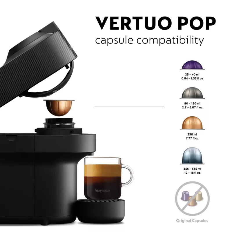 De’Longhi NESPRESSO® Vertuo Pop ENV90.B – Lagritsavärvus, kapselkohvimasin, 0,56 L, Kohvikapsel, 1260 W, Must