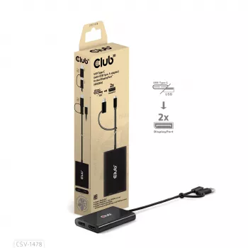 Videopoolitaja Club 3D CSV-1478 USB USB-C (koos USB-A adapteriga) kuni kaks DisplayPort 4K60Hz, Must