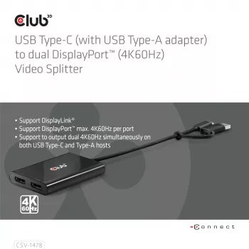 Videopoolitaja Club 3D CSV-1478 USB USB-C (koos USB-A adapteriga) kuni kaks DisplayPort 4K60Hz, Must