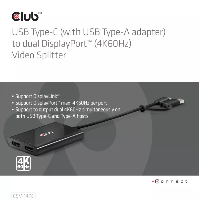 Videopoolitaja Club 3D CSV-1478 USB USB-C (koos USB-A adapteriga) kuni kaks DisplayPort 4K60Hz, Must