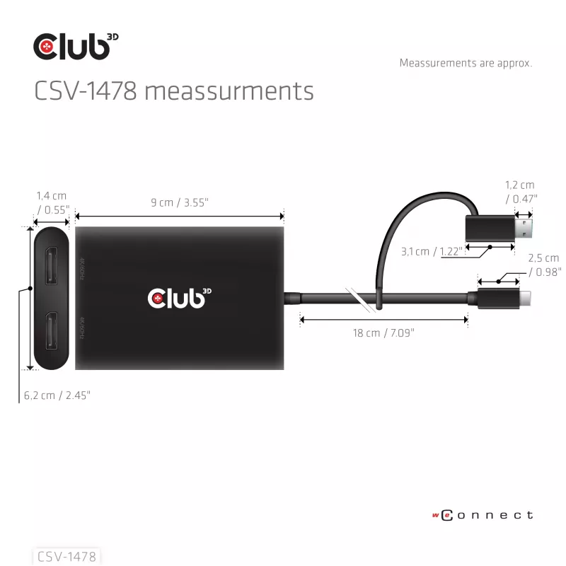 Videopoolitaja Club 3D CSV-1478 USB USB-C (koos USB-A adapteriga) kuni kaks DisplayPort 4K60Hz, Must