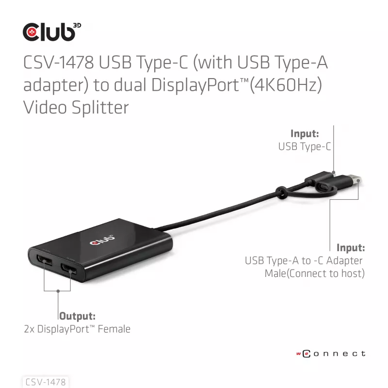 Videopoolitaja Club 3D CSV-1478 USB USB-C (koos USB-A adapteriga) kuni kaks DisplayPort 4K60Hz, Must