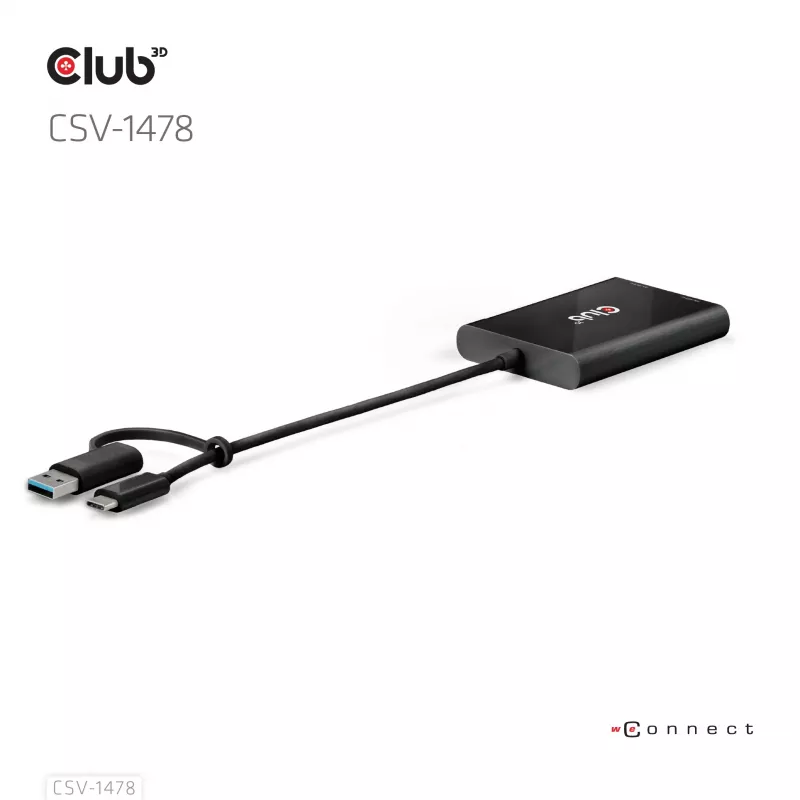 Videopoolitaja Club 3D CSV-1478 USB USB-C (koos USB-A adapteriga) kuni kaks DisplayPort 4K60Hz, Must