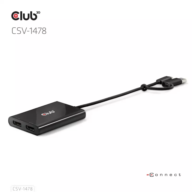Videopoolitaja Club 3D CSV-1478 USB USB-C (koos USB-A adapteriga) kuni kaks DisplayPort 4K60Hz, Must