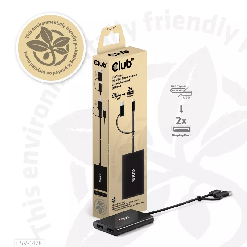 Videopoolitaja Club 3D CSV-1478 USB USB-C (koos USB-A adapteriga) kuni kaks DisplayPort 4K60Hz, Must