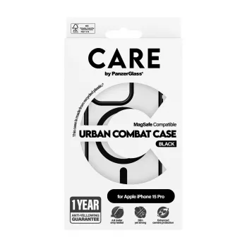PanzerGlass CARE™ by ® Urban Combat Case Läbipaistev musta MagSafe'iga iPhone 15 Pro jaoks