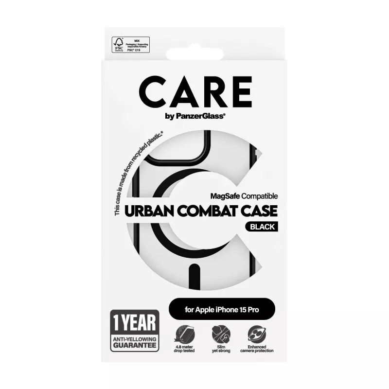 PanzerGlass CARE™ by ® Urban Combat Case Läbipaistev musta MagSafe'iga iPhone 15 Pro jaoks