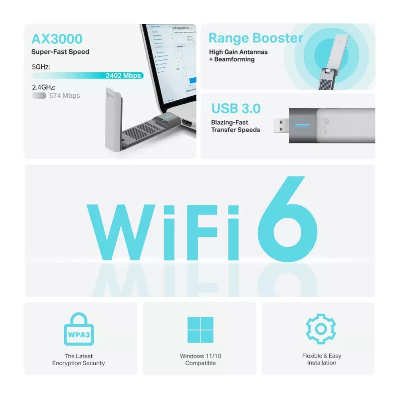 Juhtmevaba USB-adapter TP-Link Archer AX3000 (Archer TX50UH) – kaheribalise Wi‑Fi 6, USB 3.2 Gen1, kuni 3000 Mbps, sisemine antenn, Windows 11