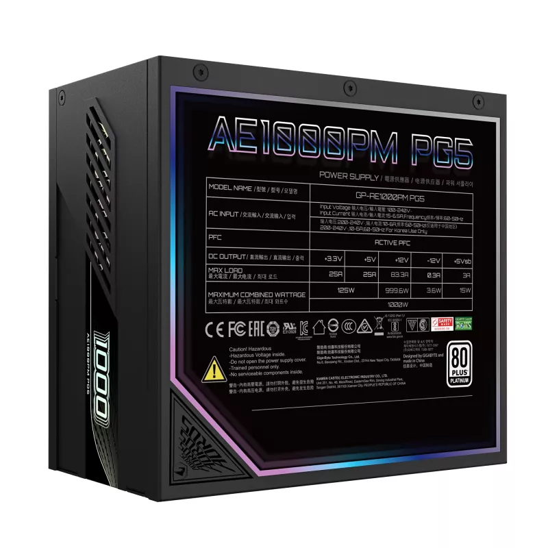 GIGABYTE AORUS ELITE P1000W ICE toiteplokk - PCIe 5.0, 80 PLUS Platinum, täielikult modulaarne disain, 120 mm ventilaator, ATX 3.0 ühilduv, EU pistik